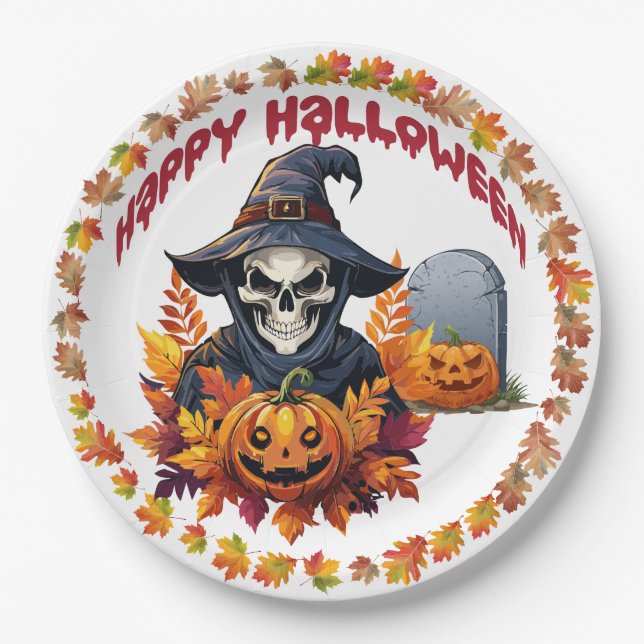 Spooky Halloween Shaman With Fall Leaves Paper Plates (Front)
