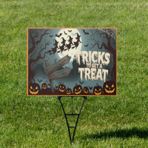 Spooky Halloween sign with pumpkins & bats