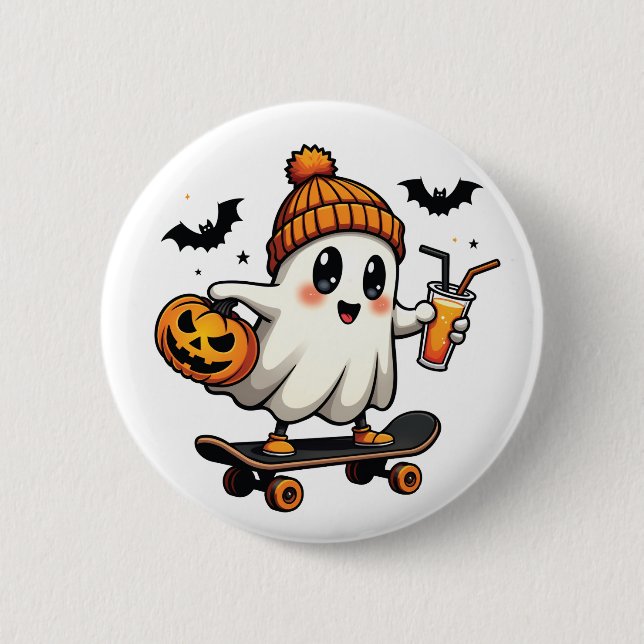 Spooky Halloween Skating Pumpkin Spice Ghost Fall Button (Front)