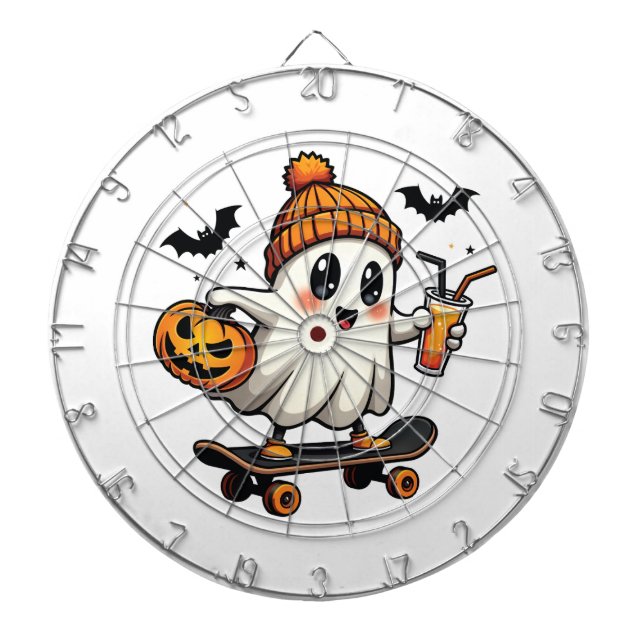 Spooky Halloween Skating Pumpkin Spice Ghost Fall Dart Board (Front)