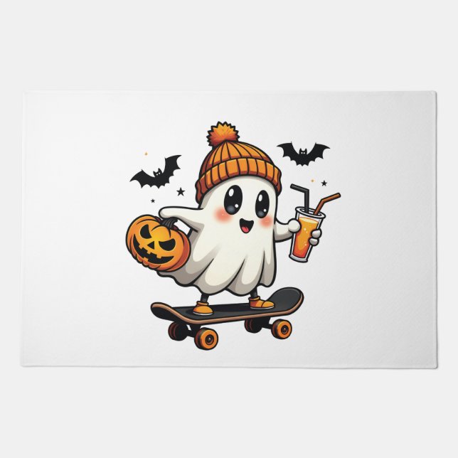 Spooky Halloween Skating Pumpkin Spice Ghost Fall Doormat (Front)