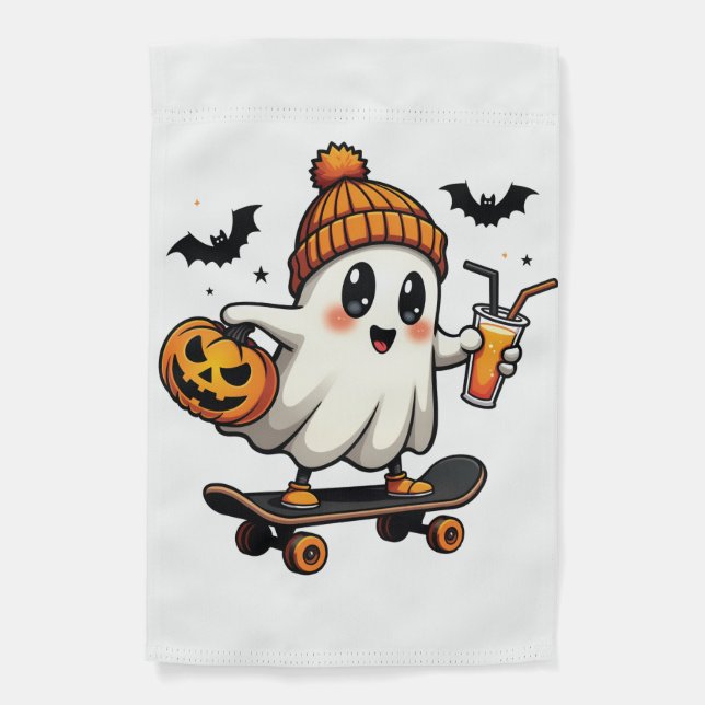 Spooky Halloween Skating Pumpkin Spice Ghost Fall Garden Flag (Front)