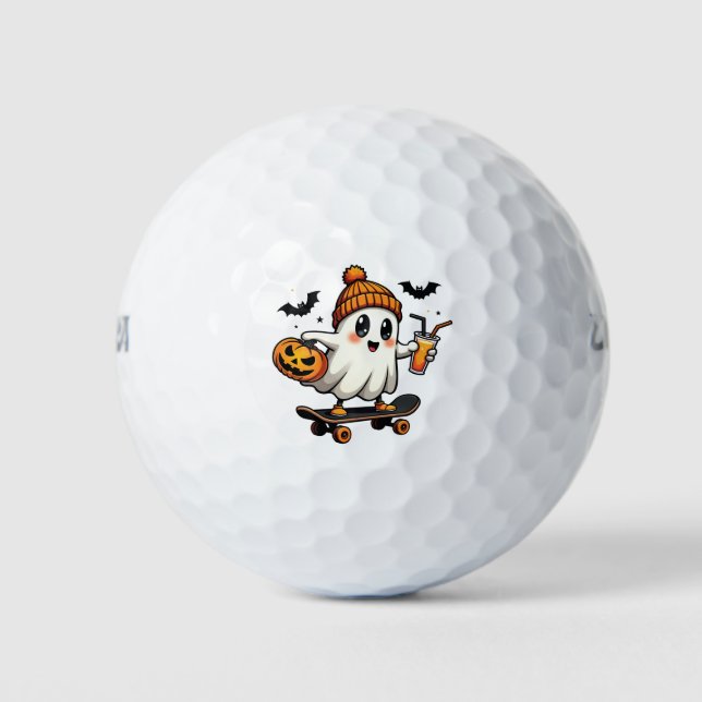 Spooky Halloween Skating Pumpkin Spice Ghost Fall Golf Balls (Front)