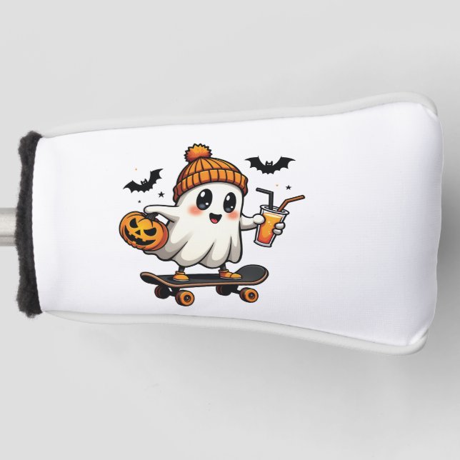 Spooky Halloween Skating Pumpkin Spice Ghost Fall Golf Head Cover (Front)