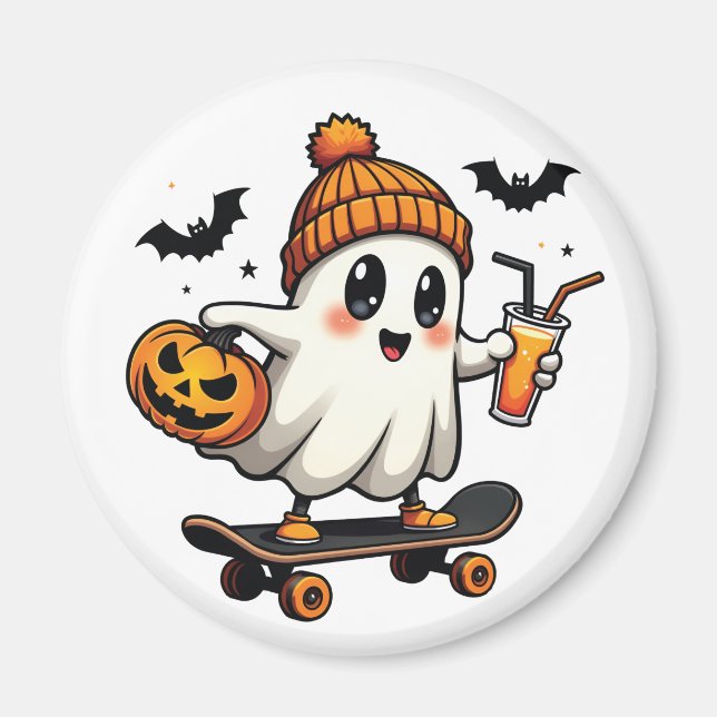 Spooky Halloween Skating Pumpkin Spice Ghost Fall Magnet (Front)