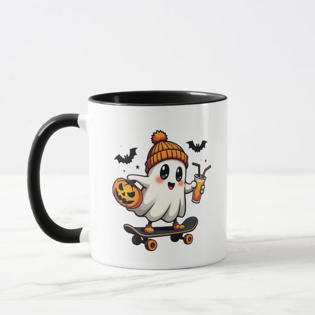 Spooky Halloween Skating Pumpkin Spice Ghost Fall Mug (Left)