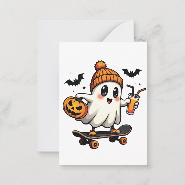 Spooky Halloween Skating Pumpkin Spice Ghost Fall Note Card (Front)