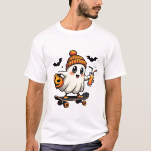 Spooky Halloween Skating Pumpkin Spice Ghost Fall T-Shirt