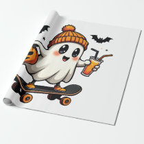 Spooky Halloween Skating Pumpkin Spice Ghost Fall Wrapping Paper