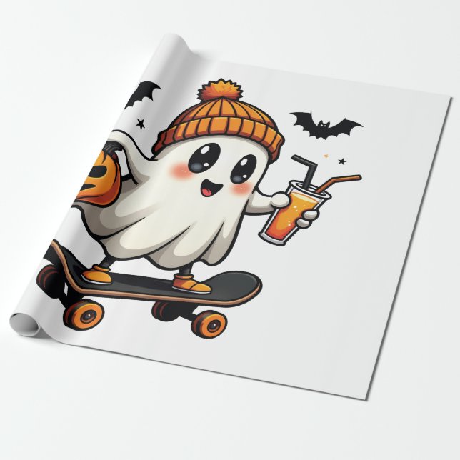 Spooky Halloween Skating Pumpkin Spice Ghost Fall Wrapping Paper (Unrolled)