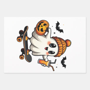 Spooky Halloween Skating Pumpkin Spice Ghost Fall Wrapping Paper Sheets