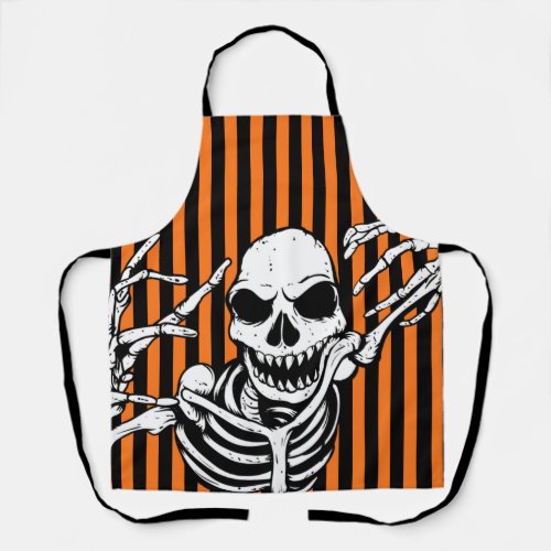 Spooky Halloween Skeleton Black Orange Stripes Apron