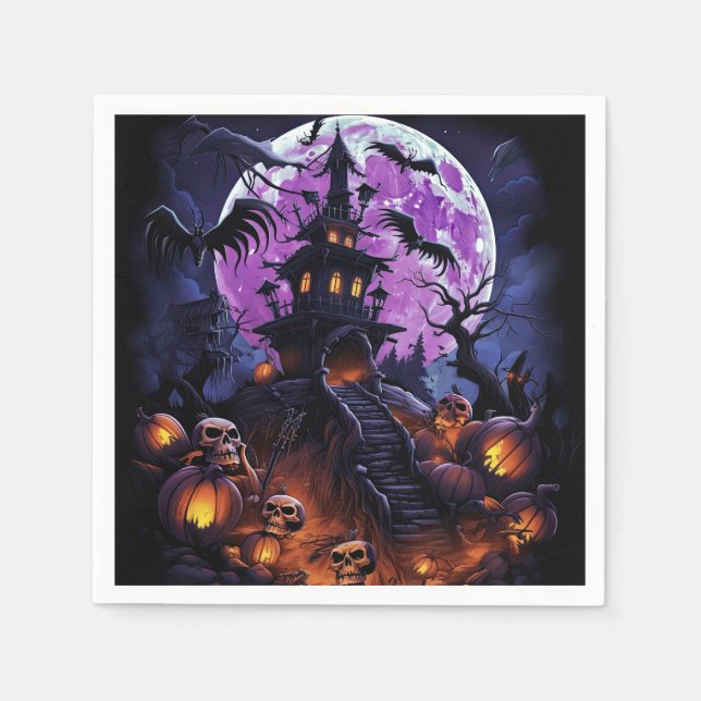 Spooky Halloween Skeleton Skull Haunted House  Napkins (Front)