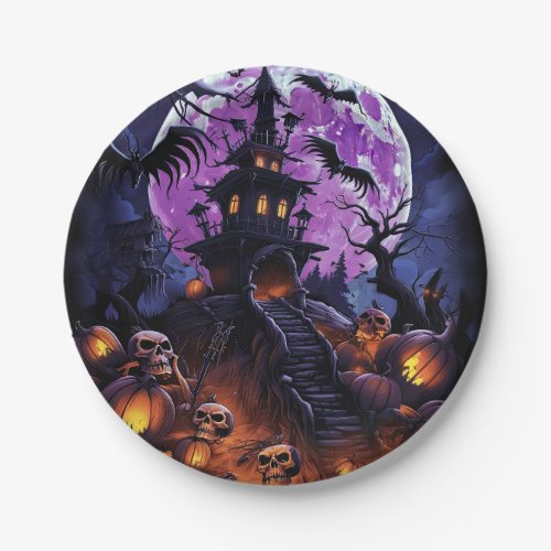 Spooky Halloween Skeleton Skull Haunted House  Paper Plates