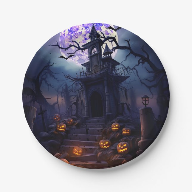 Spooky Halloween Skeleton Skull Haunted House  Paper Plates (Front)