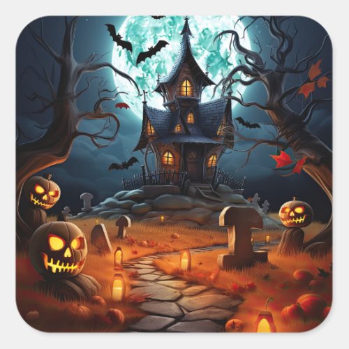 Spooky Halloween Skeleton Skull Haunted House  Square Sticker
