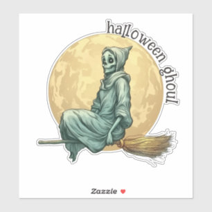 Spooky Halloween Skeleton Witch on Broomstick Sticker