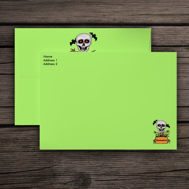 Spooky Halloween Skull Tree Branches Bats Envelope (Creepy Skull With Tree Branch arms and Beware orange sign on bright green mailing envelopes.)
