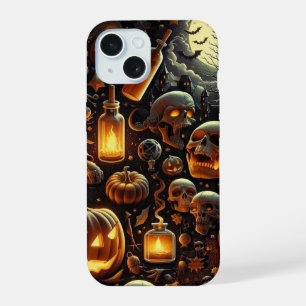 Spooky Halloween Skulls, Bats, Trees, Pumpkins iPhone 15 Case