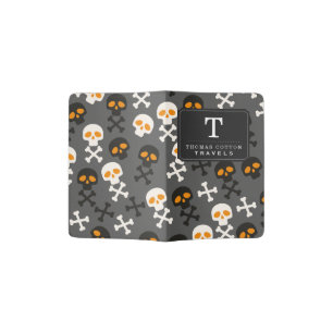 Spooky Halloween Skulls Pattern on Grey Passport Holder