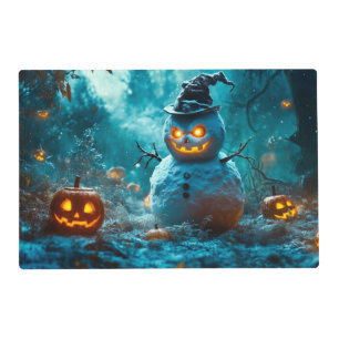 Spooky Halloween Snowman with Glowing Pumpkins Placemat