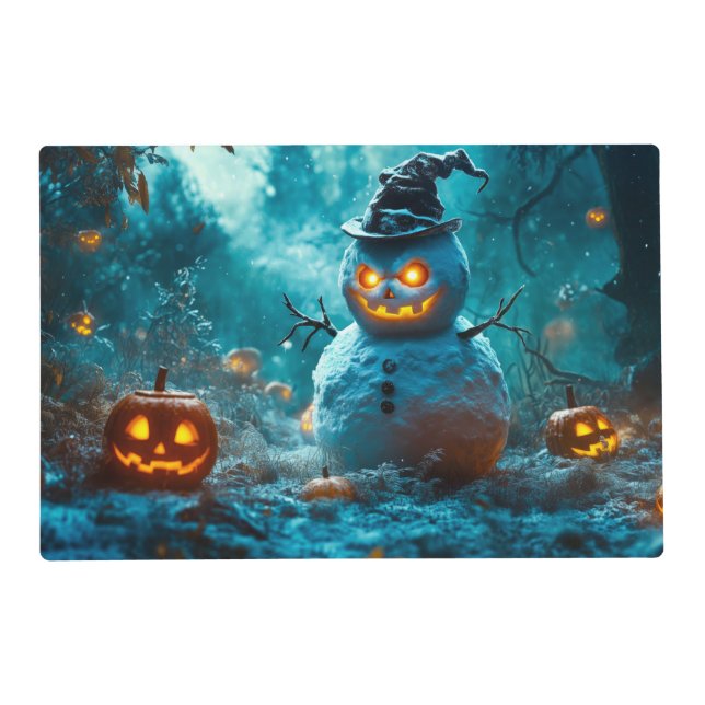 Spooky Halloween Snowman with Glowing Pumpkins Placemat (Front)