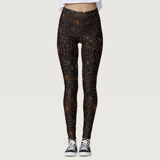 Spooky Halloween Spider Web Black Orange White Leggings (Front)