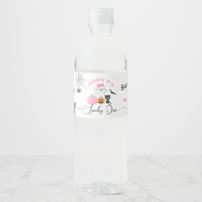 Spooky Halloween Spooky one pink little Boo Water Bottle Label (Front)