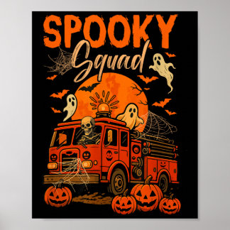 Spooky Halloween Squad Skeleton Driving Firetruck Poster