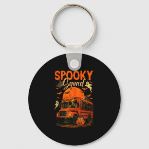 Spooky halloween squad skeleton driving school bus keychain