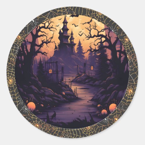 Spooky Halloween sticker of castle bats pumpkins