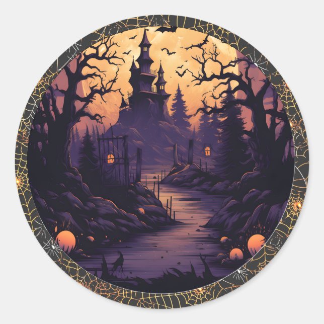 Spooky Halloween sticker of castle, bats, pumpkins (Front)
