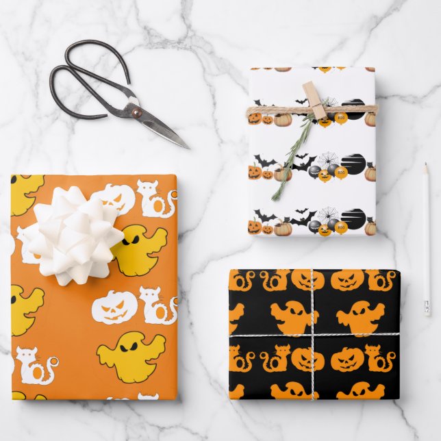 Spooky Halloween Symbols BOO Jack O Lanterns Moon  Wrapping Paper Sheets (Front)