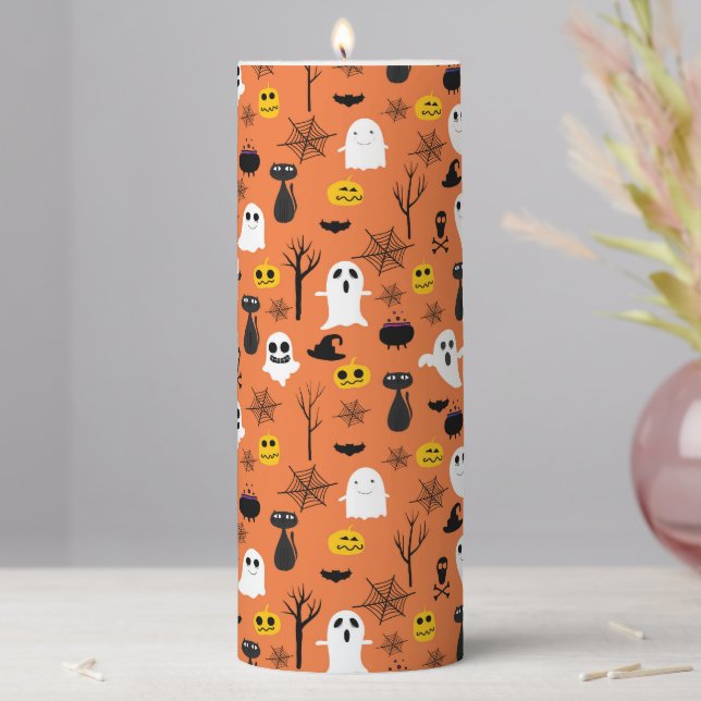 Spooky Halloween symbols seamless pattern Pillar Candle (In Situ)