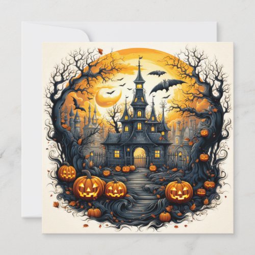 Spooky Halloween Town Under A Full Moon Card