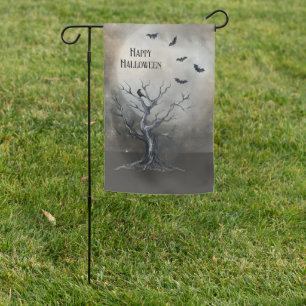 Spooky Halloween Tree with Raven and Bats Garden Flag