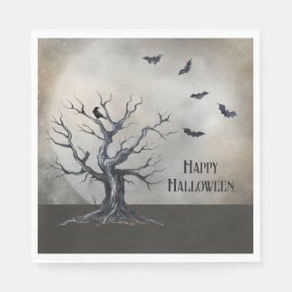 Spooky Halloween Tree with Raven and Bats