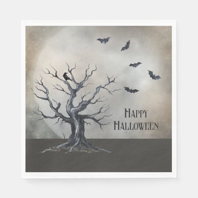 Spooky Halloween Tree with Raven and Bats Napkins (Front)