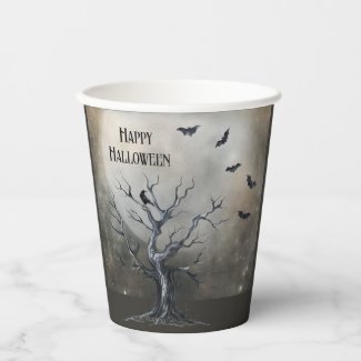 Spooky Halloween Tree with Raven and Bats