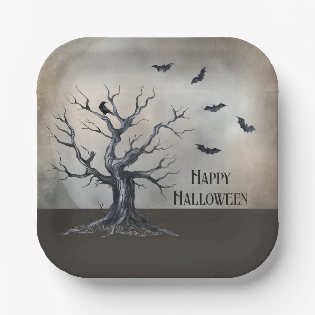 Spooky Halloween Tree with Raven and Bats Paper Plates (Front)