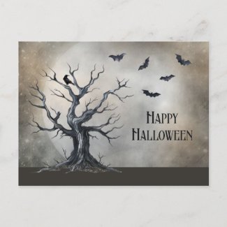 Spooky Halloween Tree with Raven and Bats