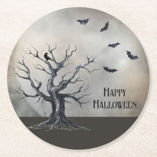 Spooky Halloween Tree with Raven and Bats Round Paper Coaster