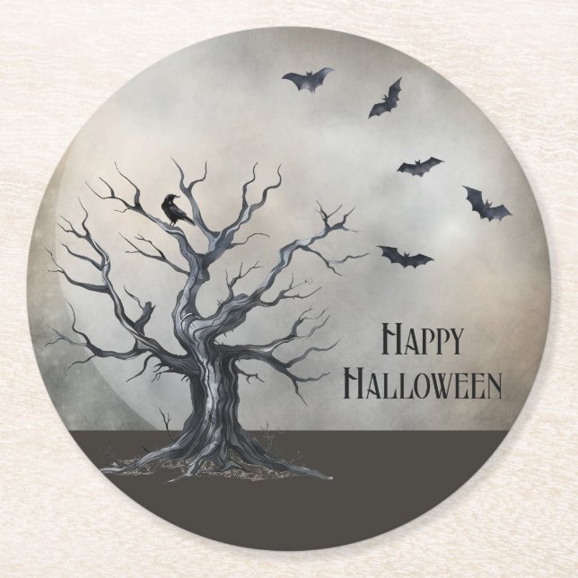 Spooky Halloween Tree with Raven and Bats Round Paper Coaster (Front)