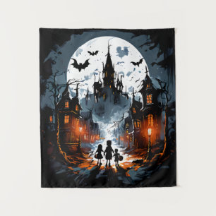 Spooky Halloween, Trick or Treat to Haunted House Tapestry