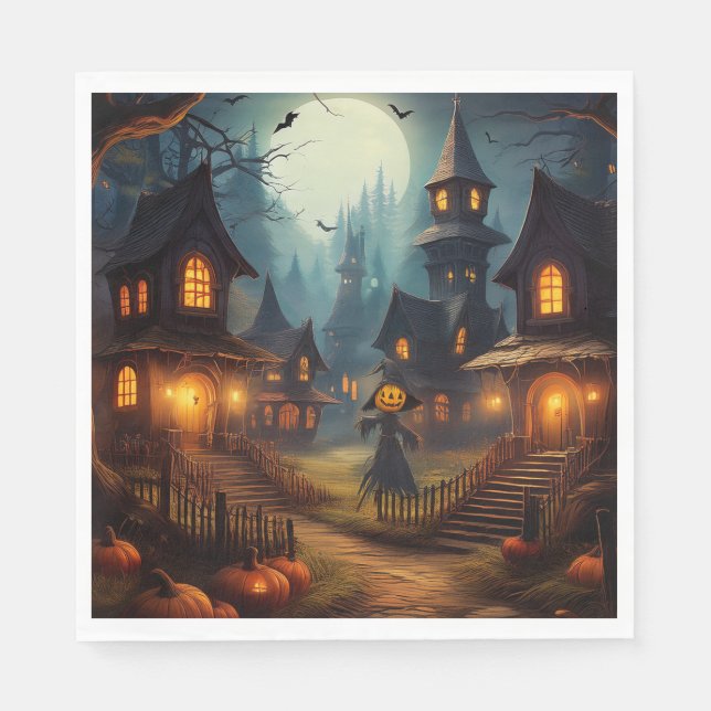 Spooky Halloween Village With Scare Crow Napkins (Front)