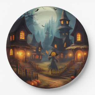 Spooky Halloween Village With Scare Crow Paper Plates