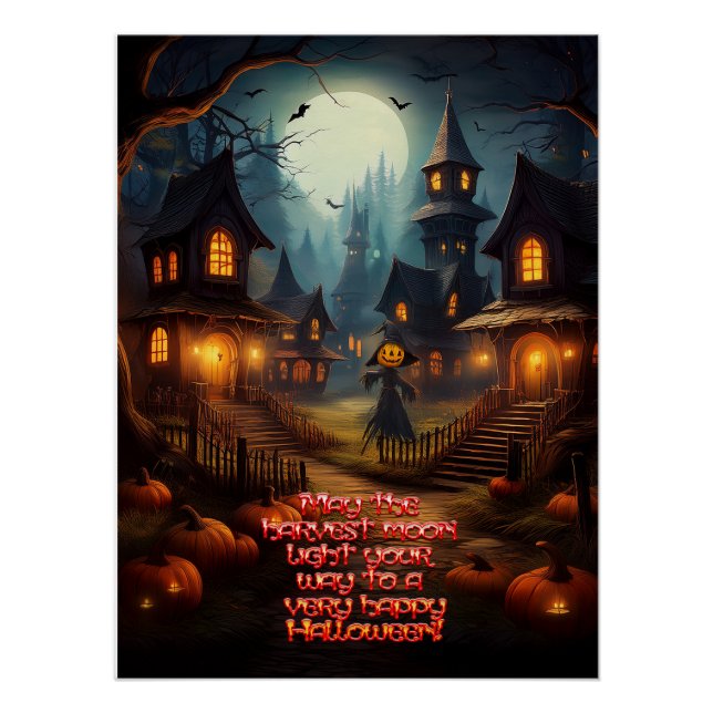 Spooky Halloween Village With Scare Crow Poster (Front)