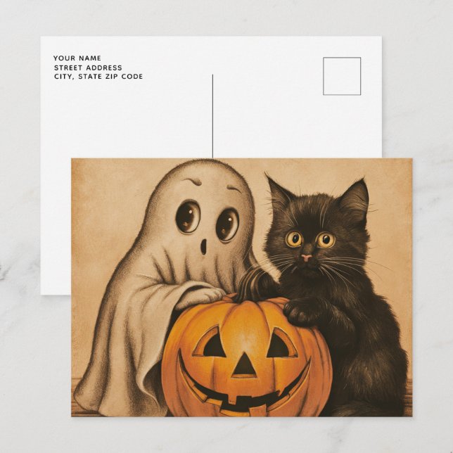 Spooky Halloween Vintage Ghost Black Cat Pumpkin   Postcard (Front/Back)