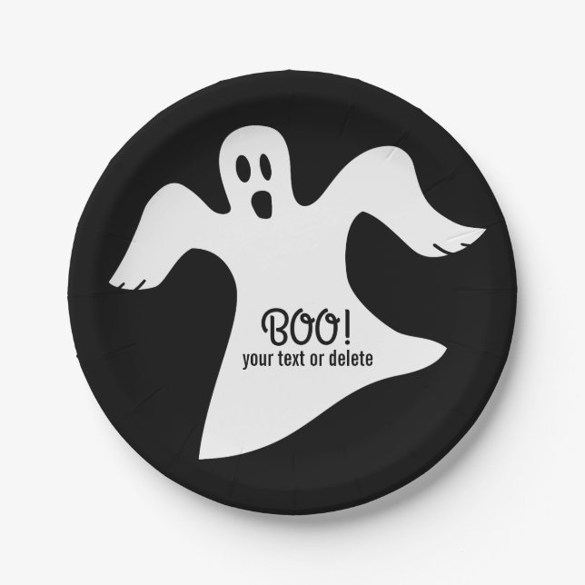 Spooky Halloween White Ghost Saying BOO! Paper Plates (Front)