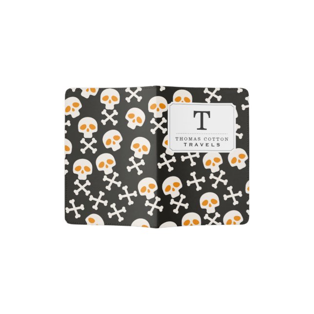 Spooky Halloween White Skulls Pattern on Black Passport Holder (Opened)